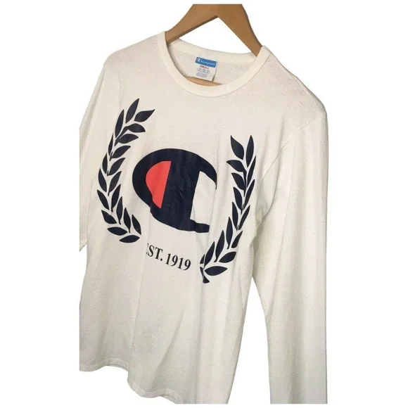 Champion Mens Small Heritage Logo Cotton Shirt Round Neck Long Sleeves White - Picture 6 of 12